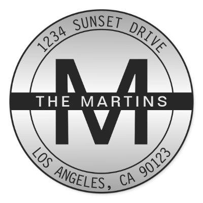 Bold Monogram & Circular Address | Framed Gradient Classic Round Sticker