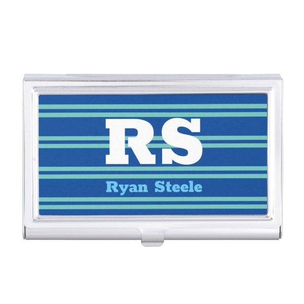 Bold Monogram & Name, Lt Teal Lines on Deep Blue  Case