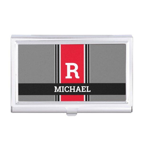 Bold Monogram & Name, Red Grey & Black Stripes  Case