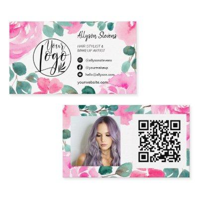 Bold pink floral hair makeup photo logo qr code