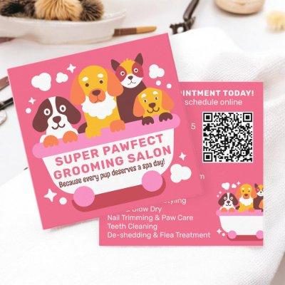 Bold Retro Cute Pink Dogs Grooming Salon Qr code Square