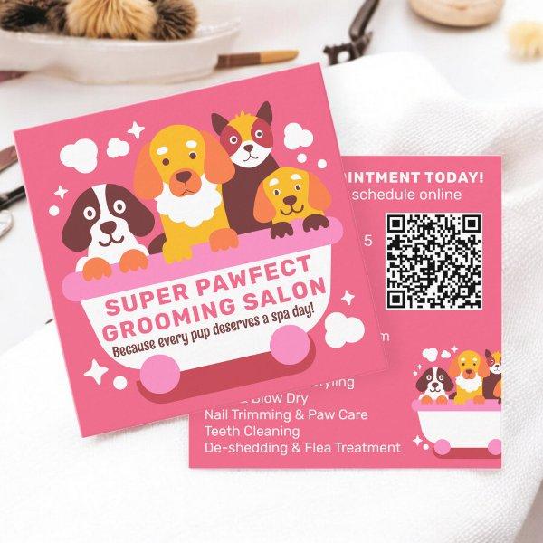 Bold Retro Cute Pink Dogs Grooming Salon Qr code Square