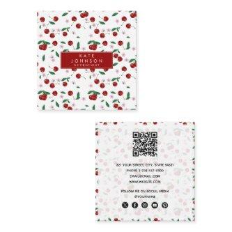Botanical Red Cherries Greenery & Cherry Blossoms  Square