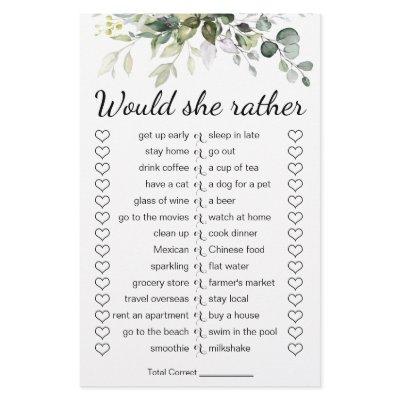 Bridal Shower Game Would She Rather Card Flyer