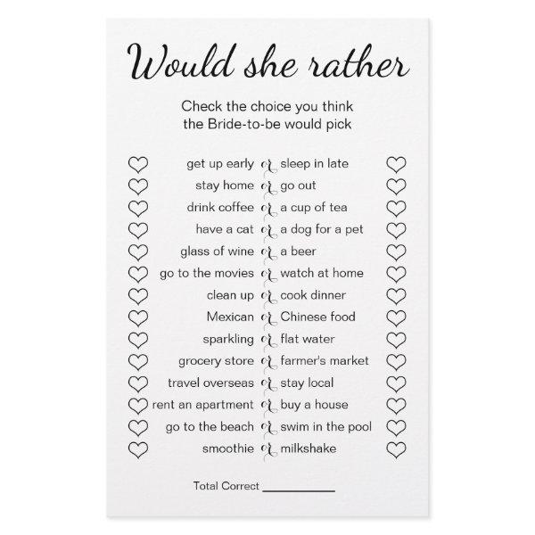 Bridal Shower Game Would She Rather Card Flyer