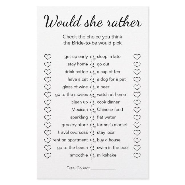 Bridal Shower Game Would She Rather Card Flyer