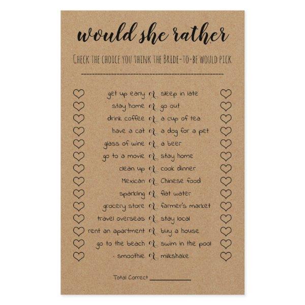 Bridal Shower Game Would She Rather Card Flyer