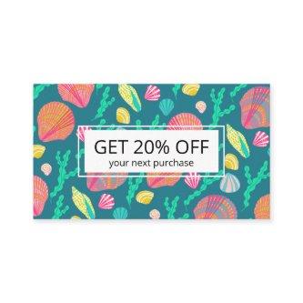 Bright Colorful Seashells and Seaweed Pattern Discount Card