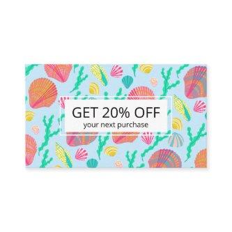 Bright Colorful Seashells and Seaweed Pattern Discount Card