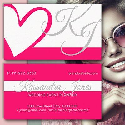 Bright Pink White Girly Heart Calligraphy Monogram