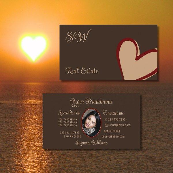 Brown Cute Red Beige Heart with Monogram and Photo