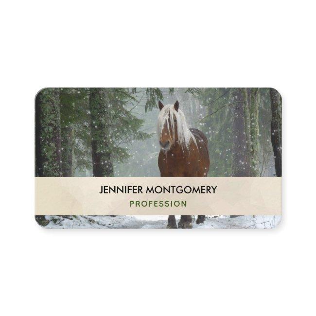 Brown Horse in a Winter Forest with Snow Falling
