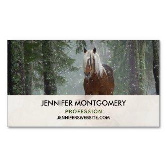Brown Horse in a Winter Forest with Snow Falling  Magnet