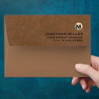 Brown Leather Gold Monogram Return Address  Envelope