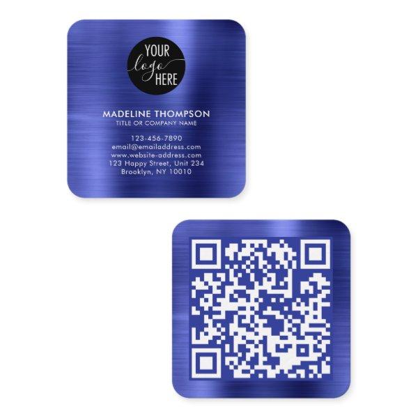 Brushed Metallic Blue Company Logo QR Code Square