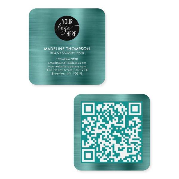 Brushed Metallic Teal Company Logo QR Code Square