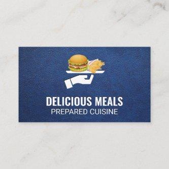 Burger and Fries Served | Blue Leather Background