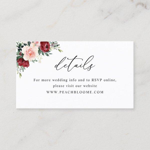 Burgundy Blush Floral Wedding Website Details Card