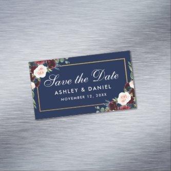 Burgundy Floral Blue Save The Date Mini Magnet