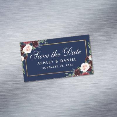 Burgundy Floral Blue Save The Date Mini Magnet