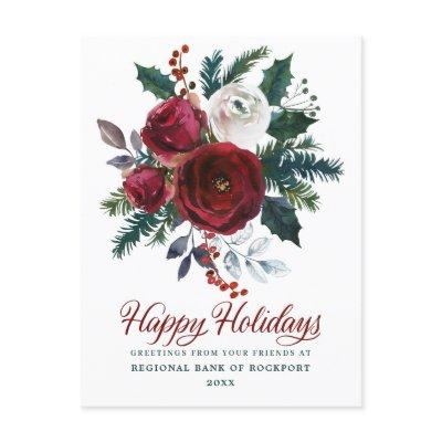 Burgundy Floral Holly Corporate Christmas Postcard