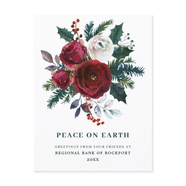 Burgundy Floral Holly Corporate Christmas Postcard