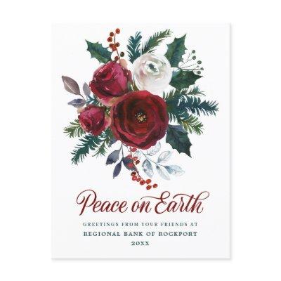 Burgundy Floral Holly Corporate Christmas Postcard