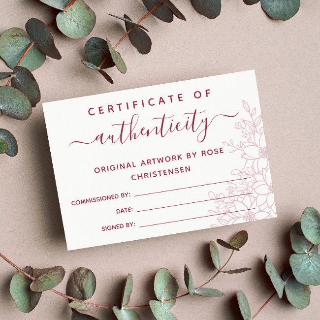 Burgundy Floral Larger Certificate of Authenticity