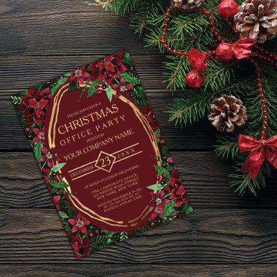 Burgundy Gold Poinsettia Ivy Corporate Christmas Invitation