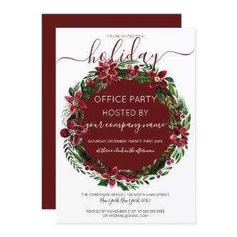Burgundy Green Floral Wreath Corporate Holiday Invitation