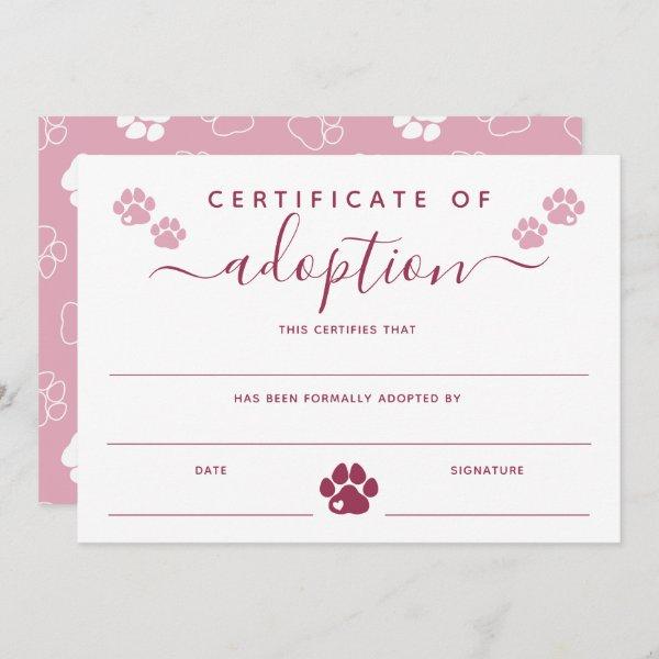 Burgundy Pink Paw Prints Certificate of Adoption