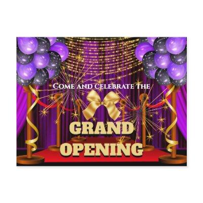 Business grand opening purple gold sparklers party announcement postcard