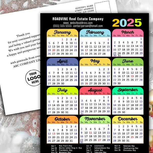 Business Logo 2025 Calendar Modern Black Colorful Holiday Postcard
