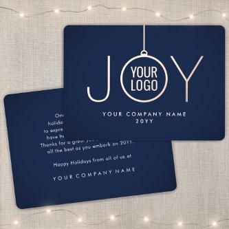 Business Logo Christmas Ornament Navy Blue Joy Foil Holiday Card
