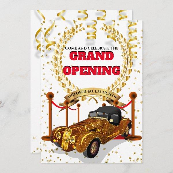 Business opening gold limousine service red carpet invitation
