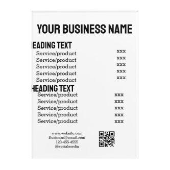 Business services products price list menu card  acrylic print