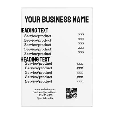 Business services products price list menu card  acrylic print