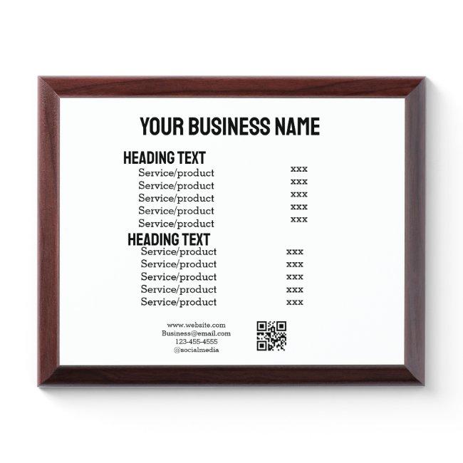 Business services products price list menu card award plaque