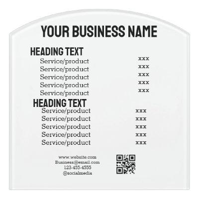 Business services products price list menu card  door sign