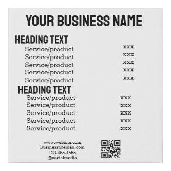 Business services products price list menu card  faux canvas print