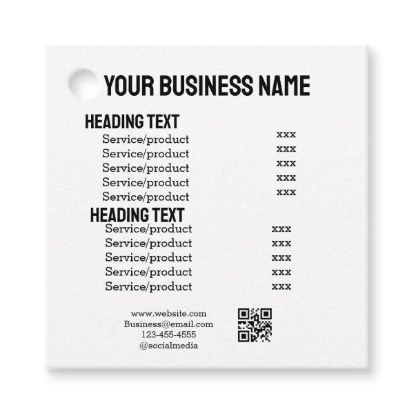Business services products price list menu card  favor tags