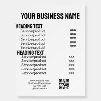 Business services products price list menu card  foam board