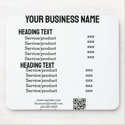 Business services products price list menu card  mouse pad