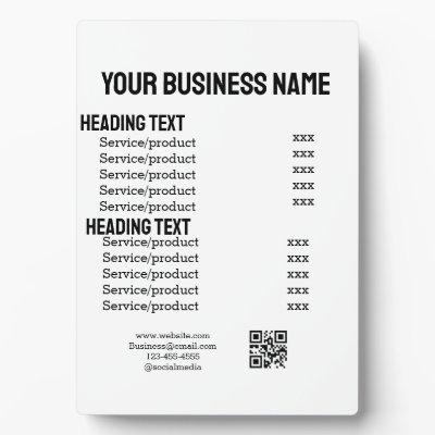 Business services products price list menu card  plaque