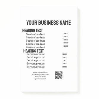Business services products price list menu card  post-it notes