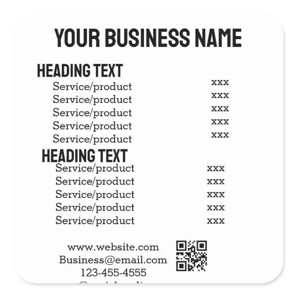 Business services products price list menu card  square sticker