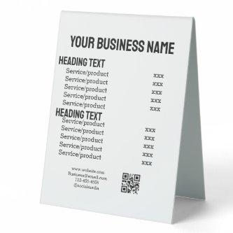Business services products price list menu card  table tent sign