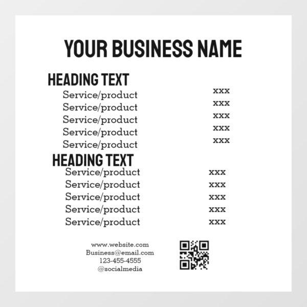 Business services products price list menu card  window cling