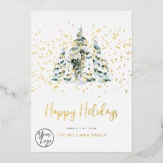 Business Your Logo Snowy Forest Foil Holiday Card