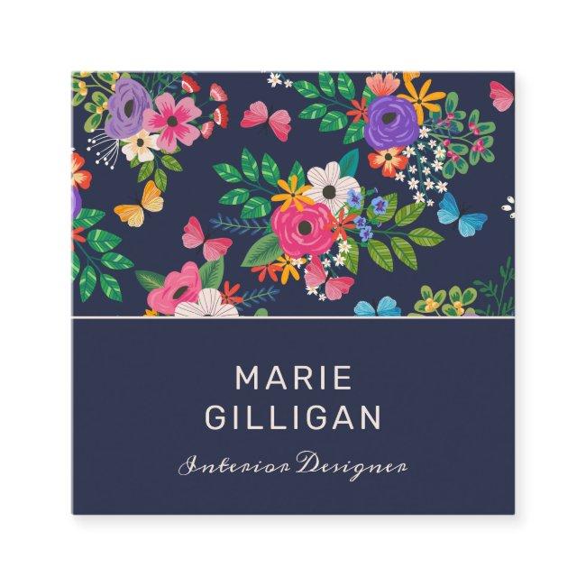 Butterflies & Flowers Blue Pink Floral Pattern Square